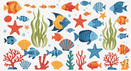 Colorful collection of cute cartoon sea life elements, featuring various fish, starfish, corals, and underwater plants for design