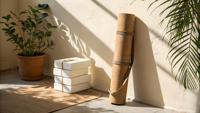 Minimal home yoga setup with rolled mat, cork blocks and houseplants illuminated by soft morning sunlight perfect for wellness blogs, fitness guides and self-care lifestyle visuals