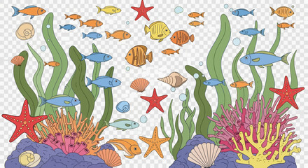 Obraz premium A vibrant and detailed illustration of a colorful underwater world with tropical fish, coral reefs, starfish, and seashells