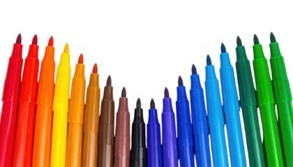 A vibrant array of colored markers arranged in a gradient against a black background, showcasing a spectrum of hues from red to green.