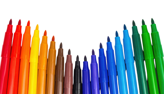 A vibrant array of colored markers arranged in a gradient against a black background, showcasing a spectrum of hues from red to green.