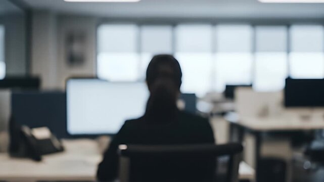 Person seated in an office with computers desks and blinds in the background