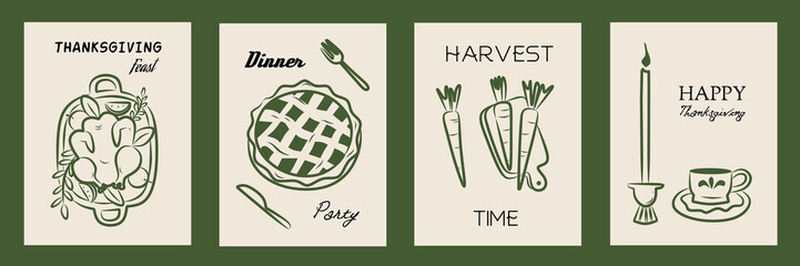 Thanksgiving day greeting card, flyer, banner, poster templates. Hand drawn symbols, coffee, pie, chicken and handwritten lettering. Autumn fall vector collection for stamp, poster, banner, flyer.