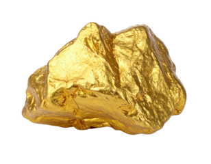 A shiny gold nugget with rough edges, reflecting light and showcasing its metallic luster and natural contours.