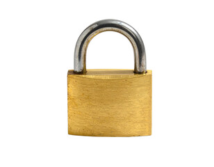 Naklejka premium A padlock featuring a shiny silver shackle and a durable golden body, symbolizing security and protection.
