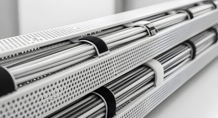 Neatly organized network cables bundled in a perforated metal cable management tray for a clean and efficient data center.