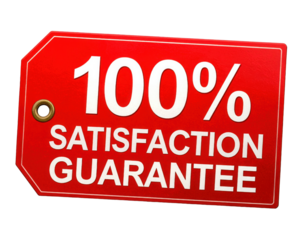 A vibrant red tag displaying "100% SATISFACTION GUARANTEE" in bold white letters.