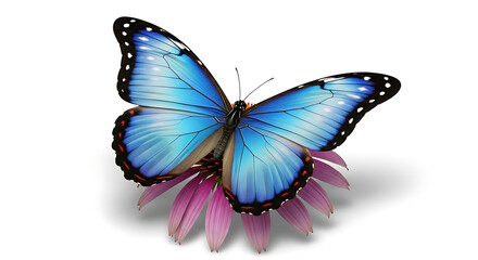 Stunning iridescent blue morpho butterfly with intricate wing patterns resting on a delicate pink flower