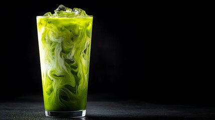 Refreshing Creamy Iced Matcha Green Tea Latte with Swirls of Milk and Ice Cubes