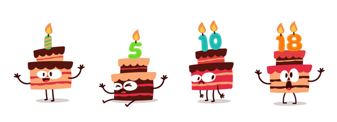 Set of cute cartoon Birthday cakes characters with different emotions and candles. Vector illustration isolated on white.
