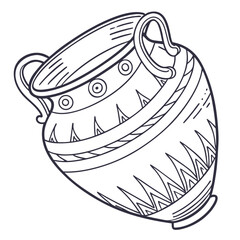 Black and white line art drawing of an ancient greek amphora vase with decorative patterns and handles