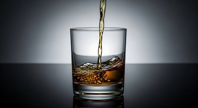 Amber Liquid Poured into Glass, Capturing Dynamic Splash and Refraction.