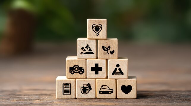 Vibrant Wooden Blocks Displaying Healthcare Symbols Music Notes on a Classy, Elegantly Engraved Cube Perfect for Branding Campaigns, Promoting Wellness and Melodious Harmony.