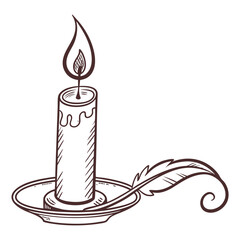 Hand drawn sketch of a lit candle in a holder with a quill pen beside it