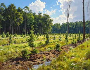 Obraz premium A lush, sunlit clearing in a forest, showcasing rows of young trees, a tranquil scene of nature's renewal.