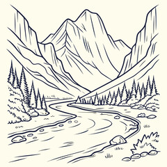 Fototapeta premium Serene mountain valley with a winding river and evergreen trees in a hand drawn sketch style