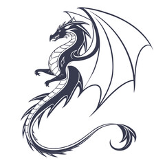 Stylized dark silhouette of a mythical dragon with large wings spread wide on a white background