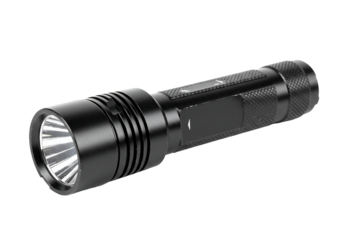 Black metal flashlight with transparent background