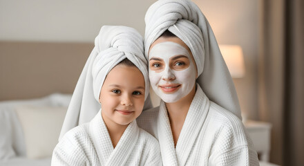 Mother and daughter enjoying spa day together at home facial mask skincare routine selfcare beauty treatment family bonding time relaxation wellness pampering weekend activity