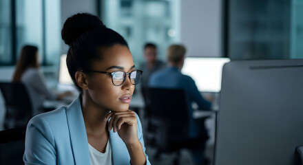 Focused businesswoman working late at night in modern office intense concentration serious expression dedication hard work late hours success ambition career 