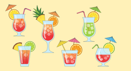 A vibrant collection of illustrated tropical cocktails, refreshing summer drinks garnished with fruit and umbrellas