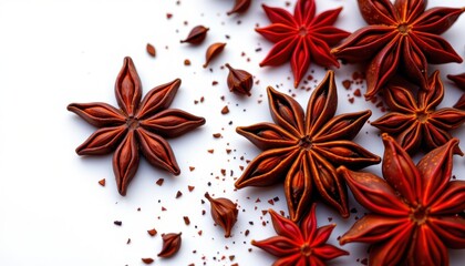 Star anise spice in neon glow style, close up isolated on white, subject on left with ample right side space for copy, festive holiday theme, clipping path.
