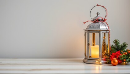 Lantern and Christmas decoration, subject on the right, ample blank space on the left for copy, well lit, festive atmosphere, clean position.
