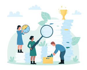 Bureaucracy and office paperwork vector illustration. Cartoon tiny people holding magnifying glass to research information reports, sorting pile and stack of paper documents to folders and archives