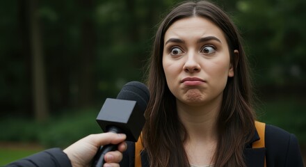 A woman with a shocked expression is being interviewed by a person holding a microphone The background is a blurred outdoor scene
