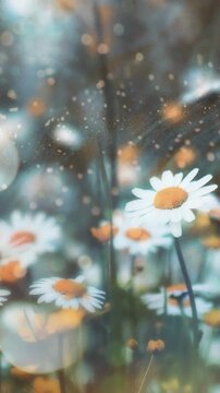 A dreamy, close-up video shot of daisies with a soft bokeh effect, capturing the flowers from a low angle for an ethereal, whimsical feel. Live mobile wallpaper.