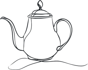 A minimalist line art illustration of an elegant teapot with a graceful design. Black on transparent background.