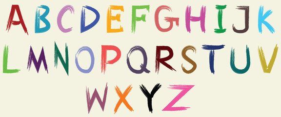 Colorful Hand-Painted Alphabet Letters in Uppercase. Artistic Brush Stroke Font for Kids, Posters, and Creative Designs. Vibrant Painted ABC Set on Light Background for Typography Use.