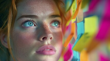 A woman with blue eyes looking at a wall covered in colorful sticky notes. Scene is one of curiosity and wonder, as the woman seems to be intrigued by the notes and their arrangement
