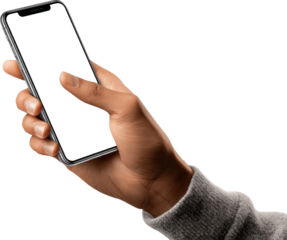 Focused dark skin hand holding modern smartphone with blank screen