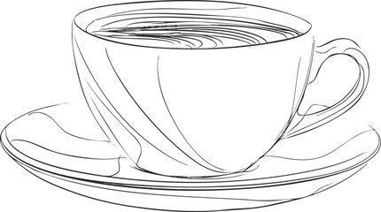 A minimalist line drawing of a cup with a saucer, perfect for beverage illustrations. Black on transparent background.