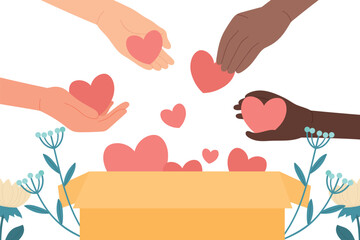 Hands donating and help. People give hearts to donation box flat vector illustration. Hope, solidarity, aid for refugees concept