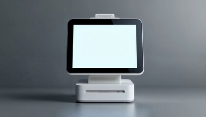 A modern point-of-sale system with a blank screen, ready for use, set against a neutral gray background.