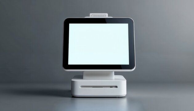 A modern point-of-sale system with a blank screen, ready for use, set against a neutral gray background.