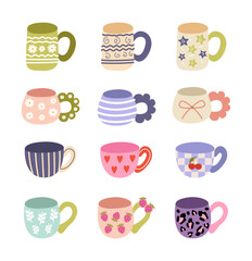 Illustration of a set of cups with different designs on a white background.