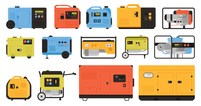 Electric generators set vector illustration. Cartoon isolated industrial diesel machines of portable transformer power station on construction site, motor equipment for electricity generation