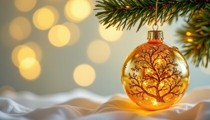 Close up of a lit Christmas tree ornament with cheery lemon tones, positioned at the top, leaving ample copy space at the bottom for greeting text, Suitable for holiday greeting cards.