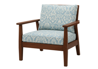 Blue and brown wooden armchair with damask pattern cushions on transparent background