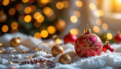 Festive Christmas scene with golden bokeh background, decorated Christmas balls, Subject on right, ample copy space on left, illuminated by bright beams, Clear positioning for photo.