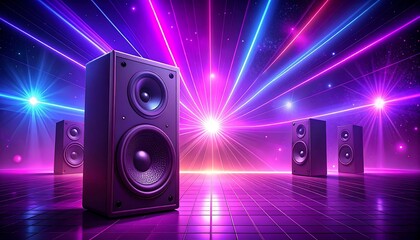 Retro speakers in a vibrant neon space