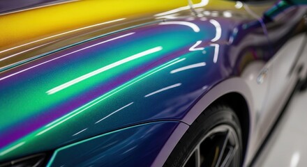Fototapeta premium Modern luxury car with vibrant chameleon paint reflecting studio lights on its glossy surface