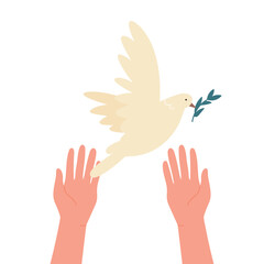 Hands releasing dove. Cartoon pigeon with olive branch flying up into air flat vector illustration. International peace symbol, freedom, faith concept