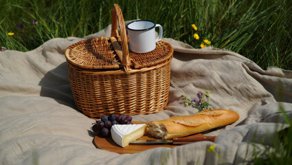 Obraz premium A picnic basket with cheese, bread, and grapes on a blanket in a grassy field on a sunny day
