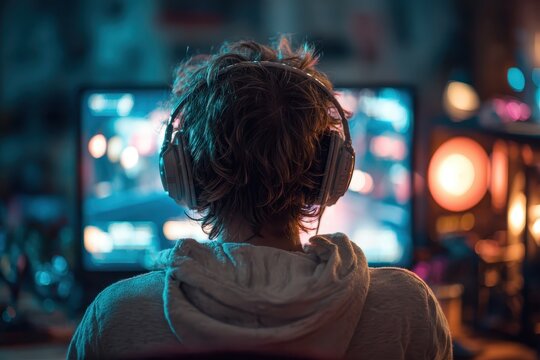 Teen with headphones plays video games in a dark room. Illustrates esports, streaming, online gaming, or modern tech.