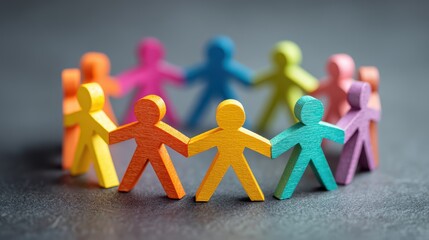 Vibrant Wooden Statues Portraying Unity Teamwork, Ideal for Empowering Campaigns Boosting Positivity Group Spirit.