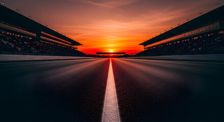 Obraz premium Race Track Sunset Dramatic Asphalt Road Golden Hour Grand Prix Competition Speed Racing Cars Asphalt Track Stadium View Sunset Scene
